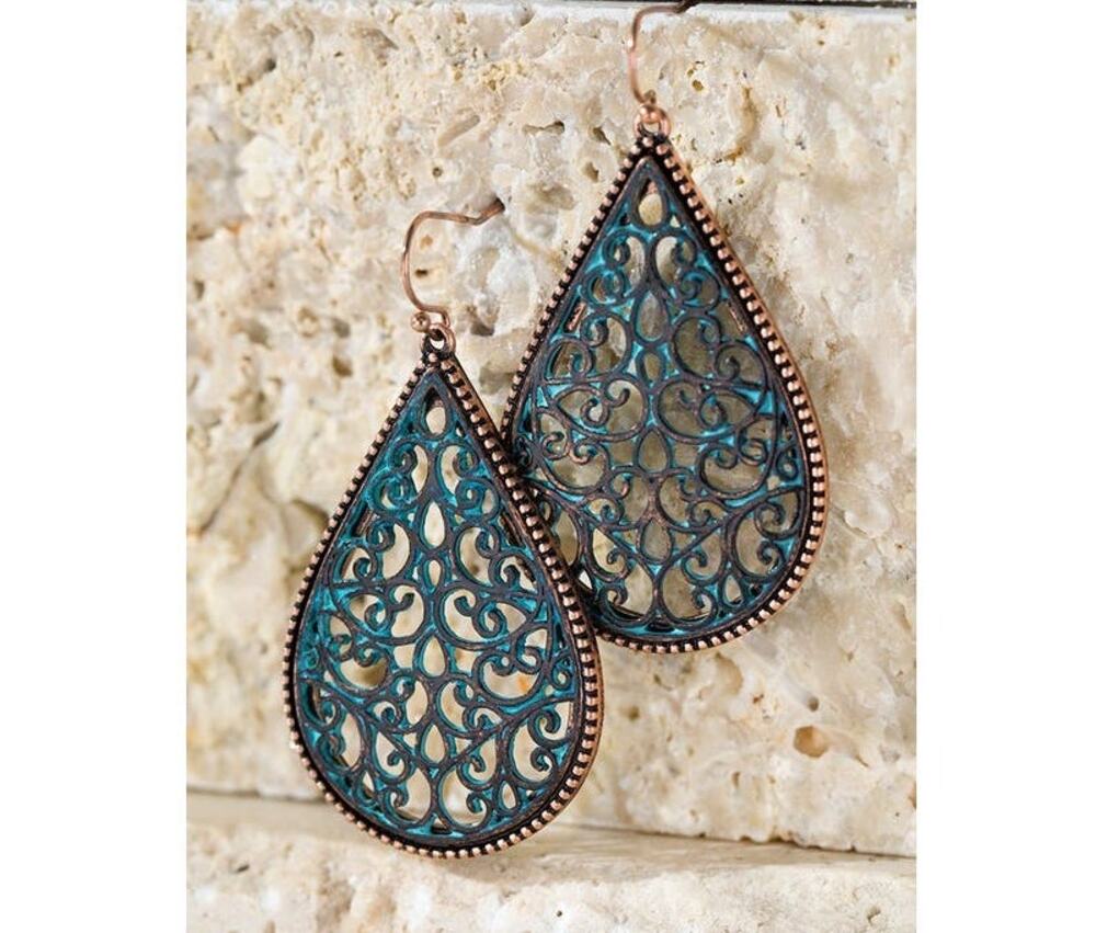 Boutique Two Tone Metallic Patina Rose Gold Filigree Teardrop Dangle Earrings